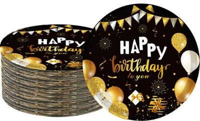 50 Piezas Suministros de Fiesta de Cumpleaños Negros y Dorados, Platos de Fiesta de Feliz Cumpleaños 7"... Foto 1 de 4
