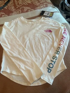 NEW NWT The North Face Long Sleeve T Shirt Medium (10) Kids Girls We Never Stop - Picture 1 of 7