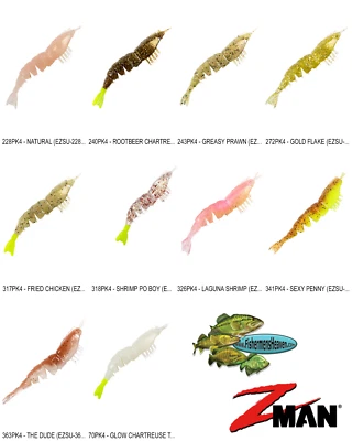 Cebos de pesca Z-MAN EZ ShrimpZ SIN APAREJAR 3,5 pulgadas (EZSU) de 10 colores ElazTech Foto 1 de 4