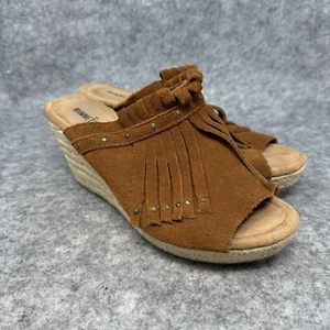 Minnetonka Quinn Suede Fringe Espadrille Wedge Sandals Size 8 Peep Toe Mule - Picture 1 of 9