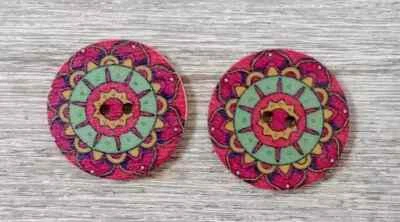boho wood flowers buttons sewing 2 holes 1 inch red (set #1111) 25mm 2pc set - Image 1 of 2