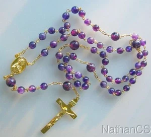 Rosario cattolico con perline sfaccettate con ametista e catena Vermeil dorata, croce e centro - Foto 1 di 4