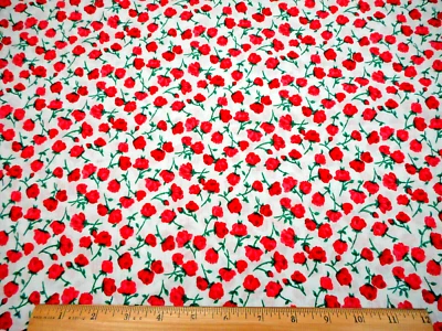 Floral Quilt Fabric 1 2/3 Yard Red Pink Roses Grn Stem White Premium Cotton #PC - Image 1 of 2