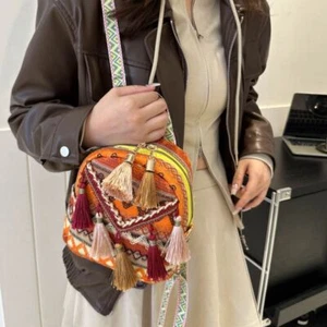 Small School Bag Canvas Tassel Shoulder Bag Chinese Style Handbag School - Picture 1 of 15