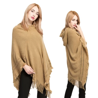 Women Warm Knitted Shawl Hoodie Poncho Tassel Sweater Cape Thermal Shawl Winter - Image 1 of 4