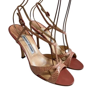 Manolo Blahnik snakeskin slingback sandals pink leather stiletto 38.5 8.5 womens - Picture 1 of 15