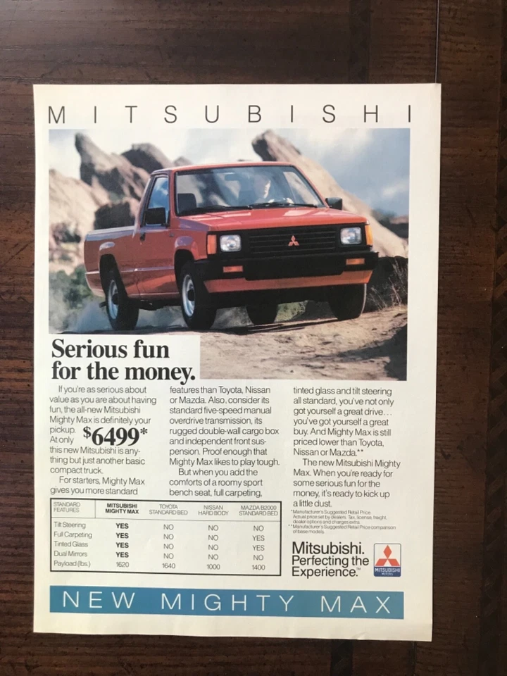 Anuncio impreso original vintage 1987 camioneta Mitsubishi nueva Mighty Max Foto 1 de 1