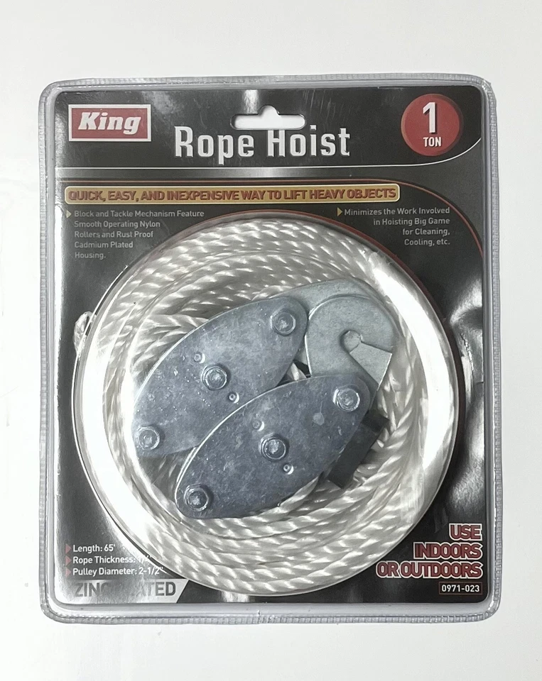 KING 2000 Lbs Rope Hoist Length: 65', Thickness: 1/4" and Pulley Diameter: 2-1/2"