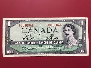 1954 Bank Of Canada $1 Low Serial Banknote: Circulated 