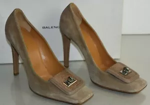 NEW Balenciaga Suede Pumps Lizard SKINS Leather Square Toe Taupe Shoes 39 - Picture 1 of 10