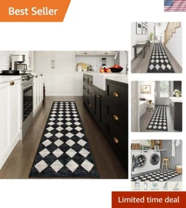Checkered Washable Rug Runners for Hallways Non Slip,2x10 Black Kitchen Bathr... - Picture 1 of 10