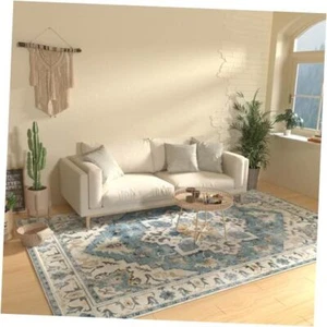 Machine Washable Rug 8'x10' Area Rugs with Non-Slip Vintage Rug 8x10 Blue White - Picture 1 of 8