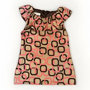 Britt Ryan Ruffle Neck Sleeveless Silk Blouse 4 Latte, Coral, Mocha Geometric - Picture 1 of 7