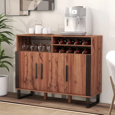 Large Wooden Wine Bar Sideboard Cabinet with Wine Rack & Glass Holder, Rustic - Image 1 of 4