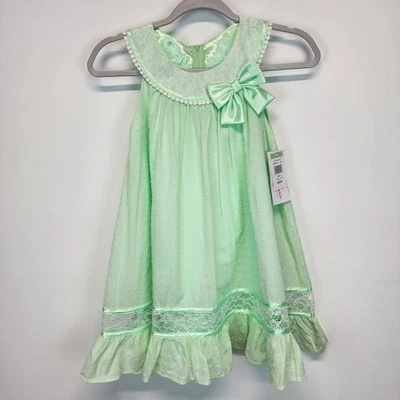 Bonnie Jean Easter Dress Girls Size 8 Green Lace Satin Bow Dotted Ruffle Spring - Imagem 1 de 4