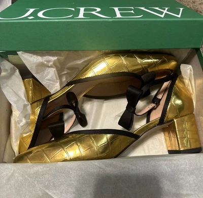 J.Crew Metallic Croc Gold Millie Bow Block Correa de Tobillo Tacones de Cuero Talla 10 $268 Foto 1 de 4