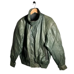 Vintage Leather Professional Bomber Jacket Mens Size L Green Snap Button - Picture 1 of 14