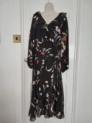 Evans Black/mix  Floral Frill Trim, Dip Hem Maxi Dress Size Uk 24 - Image 1 of 4