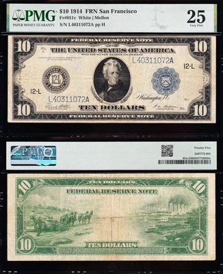 VERY NICE Bold & Crisp VF "TYPE C" 1914 $10 SAN FRANCISCO FRN Note! PMG 25! 1072 - Image 1 of 3