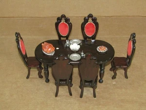 vintage dollhouse dining room table w/6 red velvet chairs turkey *READ* - Picture 1 of 10