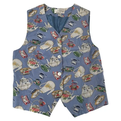 Chaleco vintage informal de esquina para mujer taza de té de seda estampado tetera azul talla L casa de campo Foto 1 de 4