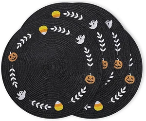 Round Halloween Placemats Embroidered Ghost Pumpkin Candy Corn 4Pcs - Picture 1 of 11
