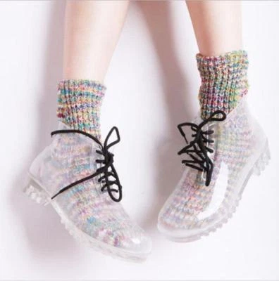 Womens Transparent Ladies Galoshes Lace Up Rain Ankle Boots Waterproof Rainshoes - Image 1 of 4