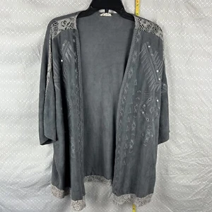 POL Kimono Cardigan Size S Gray Embroidered Embroidery Lace Acid Wash Open Front - Picture 1 of 8