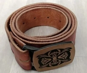 Tech Ether Guild Gürtel & Schnalle Herren 46 Leder Narzisse massiv Messing 1978 Vintage - Bild 1 von 16