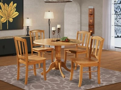 5pc round pedestal drop leaf kitchen table + 4 wood chairs solid wood light oak - Image 1 of 4