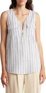 Ellen Tracy White Blue Striped Linen Sleeveless Tunic Top Coastal Sustainable M - Picture 1 of 8