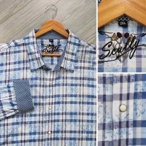 Camicia Scully Uomo 2XL Blu Perla Snap Plaid Ricamata Floreale Cowboy Western - Foto 1 di 6
