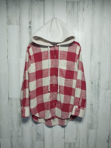 OFF WHITE Felpa con cappuccio donna American Eagle adulto taglia M rosso bianco sporco quadri bottoni shacket