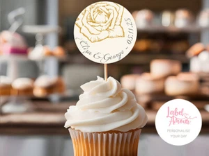 PERSONALISIERTE Cupcake Kuchen Pick Topper Rose Blumen Hochzeit Gastgeschenke Dekoration - Bild 1 von 3