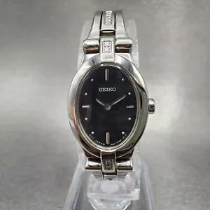 Seiko Watch Women 17mm Black Dial Silver Tone Diamond Accents 1N00-0KG0 New Batt - Picture 1 of 11