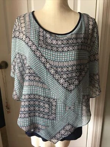I.N. Studio Blouse Sz Medium Blue Black Paisley Silky Tunic Hippie Kimono Tank - Picture 1 of 8