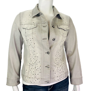 Chicos Platinum Womens Denim Jacket Grey Python Rhinestone Stretch Size 2 | L
