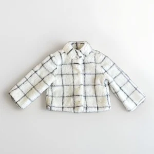 Janie & Jack Faux Fur Jacket Girls 7-8 Ivory Plaid Cropped Holiday - Picture 1 of 10