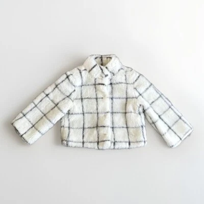 Janie & Jack Faux Fur Jacket Girls 7-8 Ivory Plaid Cropped Holiday - Image 1 of 4