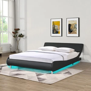 Queen Faux Leather Upholstered Platform Bed Frame Curve Design,Wood Slat Support - Picture 1 of 11