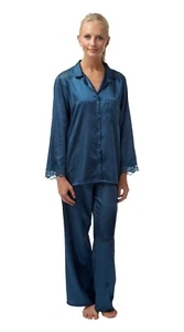 Blue Steel Charmeuse Satin 2 Piece Pyjamas with Lace Size 10/12 and 18/20 - Picture 1 of 1