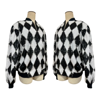 复古 20 世纪 80 年代 Laurence Kazar Harlequin 亮片轰炸机奖杯夹克 — 第 1/4 张图片