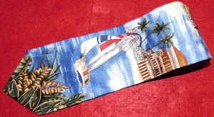 TROPICALS BY TANGO MADE IN USA BLUE/RED/WHITE BOAT/ISLAND MOTIF TIE - NECK TIES. - Picture 1 of 3