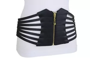 Women Elastic High Waist Hip Black Elastic Band Belt Sexy Party Gold Zipper S M - Picture 1 of 12