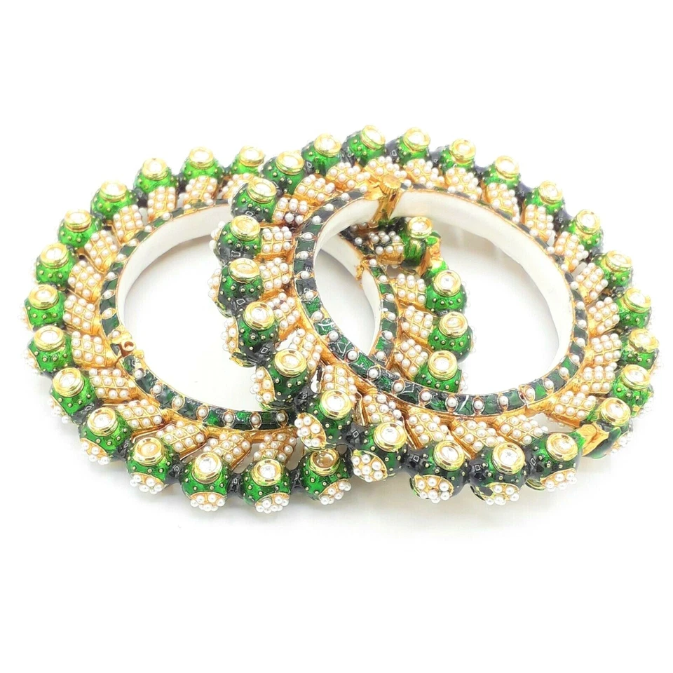 Bollywood Indian Gold Plated Bridal Kundan Enameled Bangle Bracelet Jewelry Set - Image 1 of 1