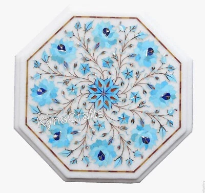 Octagon Marble Coffee Table Top Turquoise Gemstone Inlay Work Lawn Corner Table - Image 1 of 4