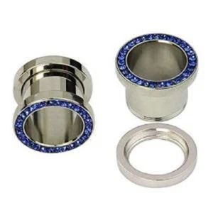 Surgical Steel with Cobalt Blue Cz Stones Screw Fit Tunnels(1 pair) (B/2/1/1) - Picture 1 of 3