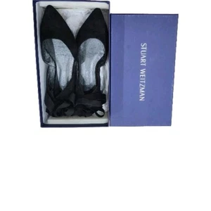 Stuart Weitzman Shoes Womens 7 Supersonic Sandals Black Suede Ankle Wrap Flats - Picture 1 of 6