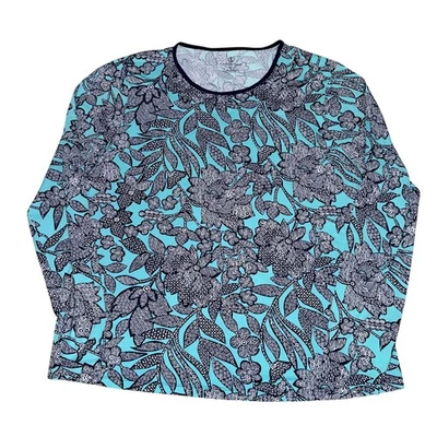 Land's End Swim Shirt Top Women's Size XL 18 Teal Black Floral Long Sleeve - Image 1 of 4