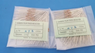 (400 Pcs) Resistor, Color Band, Carbon Film, 47K Ohm, 1/4W, 5%, NIC, NCF25J-473B - Image 1 of 3